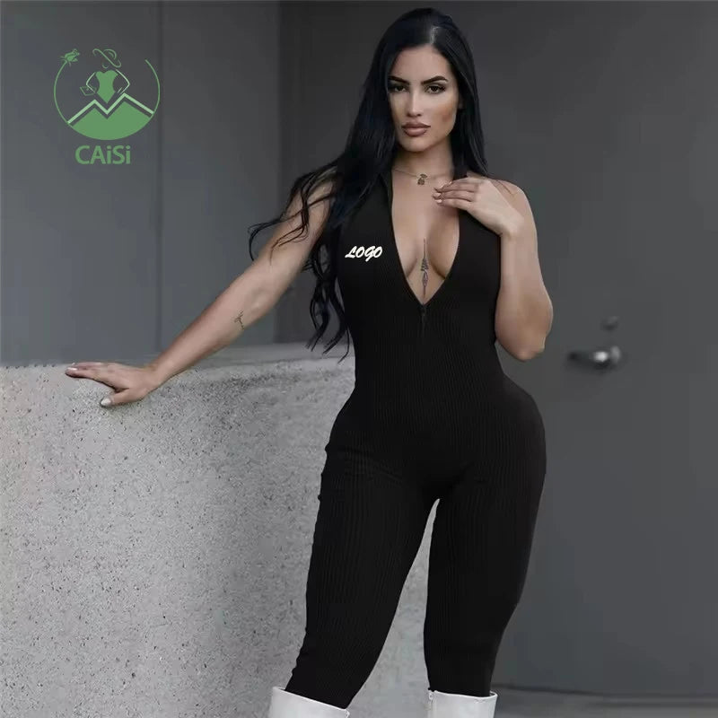 Summer Spring Rib Zipper Women's Jumpsuit Clothes 2024 Fashion Sleeveless Deep V Halter Slim High Waist Sport Jumpsuit for Women