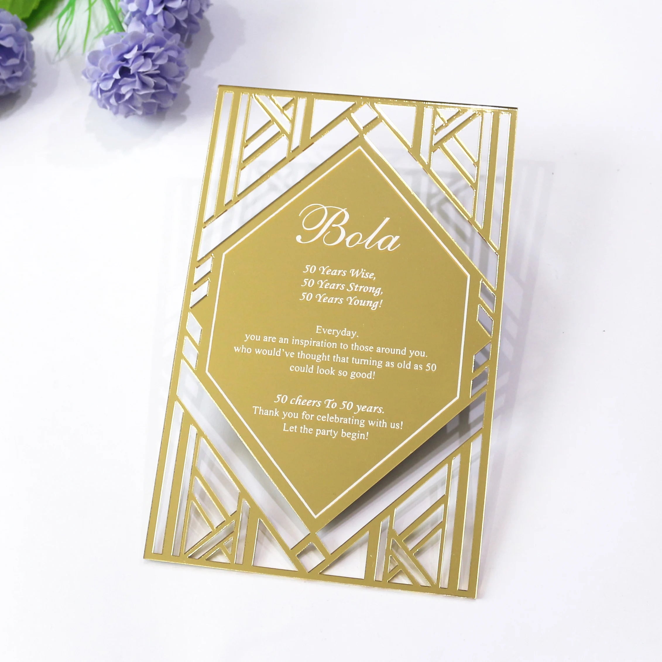 Customized 5x7inch Laser Hot Stamping Letters Vintage Hollow Style Golden Mirror Acrylic Invitation Card