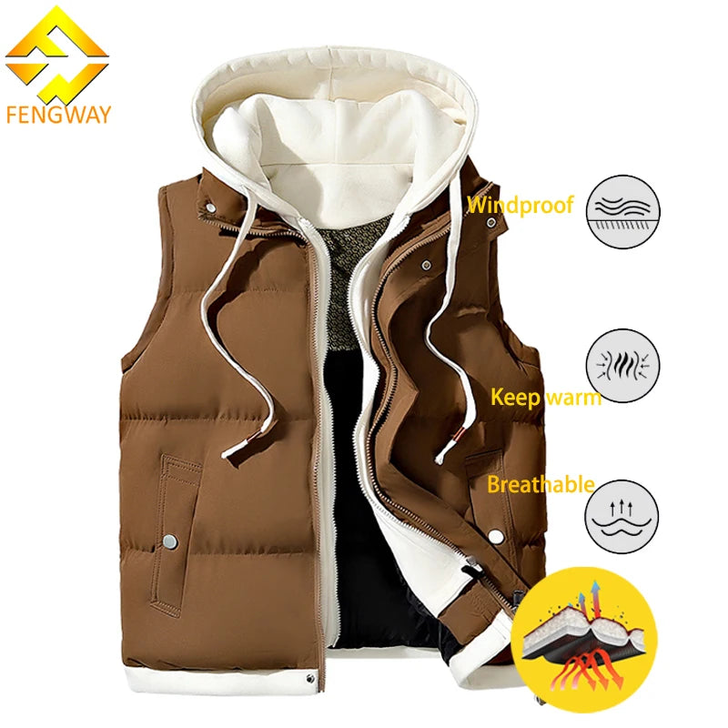 Men's Winter Warm Parka Zipper Pocket Puffer Vest with Quilted Hood Outdoor Hooded Waistcoat Jacket