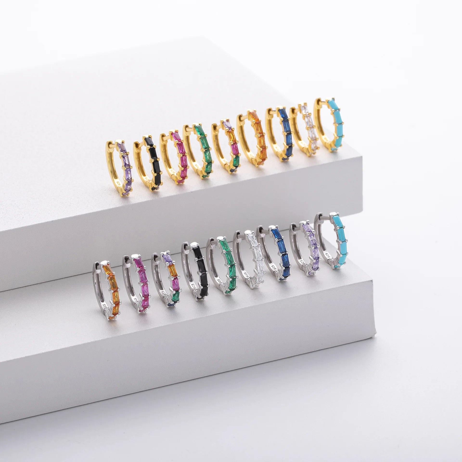 Colored Geometric Cubic Zirconia Huggie Jewelry 18K Gold 925 Sterling Silver Hoop Earrings Women