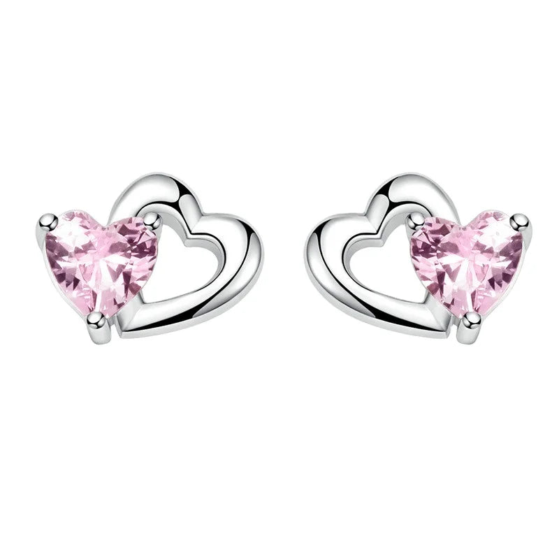 Quality Fine 925 Silver Jewelry Double Heart to Heart Pink Zircon Studs Girls Earrings S925 Sterling Silver for Women Jiangyuan
