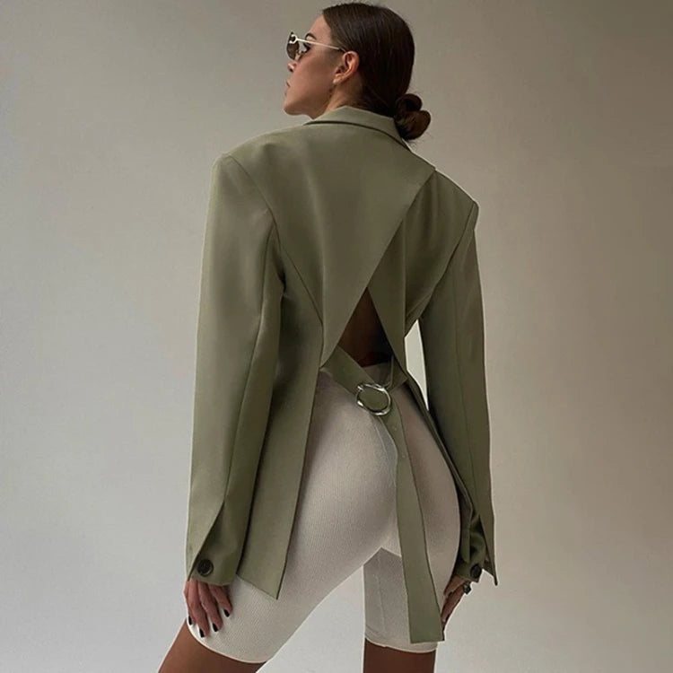 Enyami High Street Single Breasted Loose Jacket Boxy Shoulder Pads Coat Office Lady Backless Women Blazers