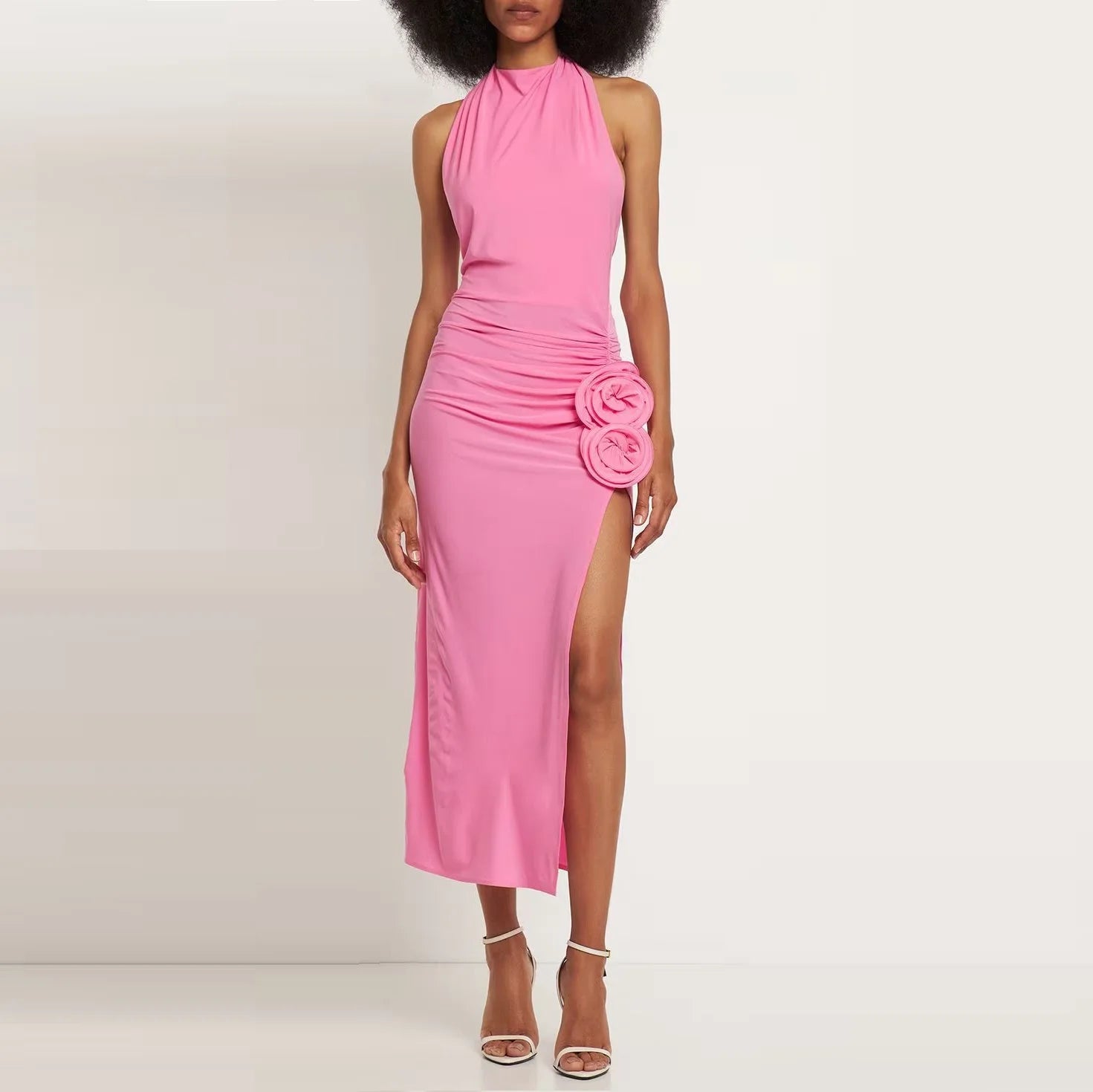 Women Party New Design Sexy Sleeveless Backless Fashion Pink Handwork Flower Side Slit Long Halter Dress