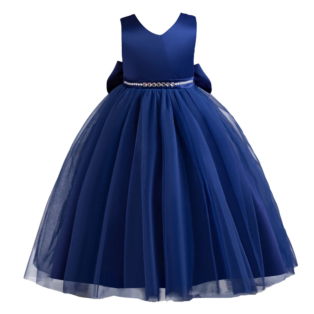 European Style Hepburn Girl Wedding Dresses Kid Princess Birthday Dress for 12Y V-neck Design Big Girl Dresses with Bow