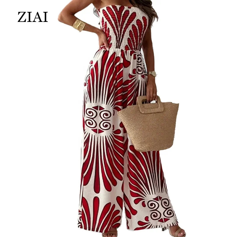 New 2025 Summer Fashionable Strapless Waist-Cinched Printed Women's Long Pants Jumpsuit