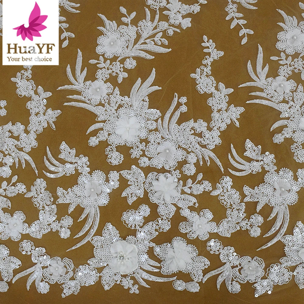 HY2866-4 New Arrival Design White Beaded Wedding Lace With Sequins Wholesale 3d Flower Bridal Fabric Material