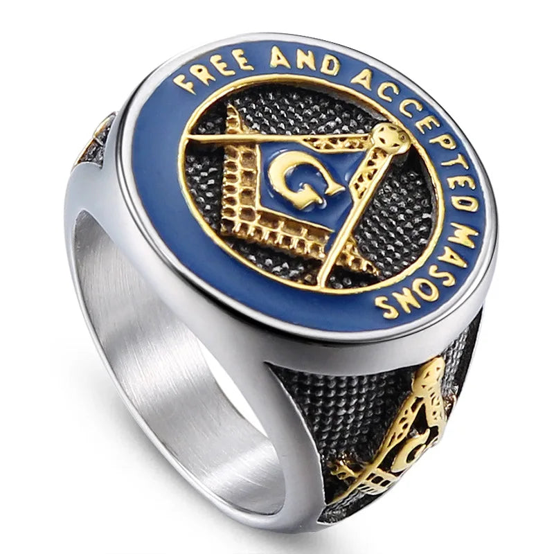 Hot Sale 316L Stainless Steel Enamel Masonic Ring Fashion Punk Retro Titanium Steel Religious Men' s Ring Jewelry