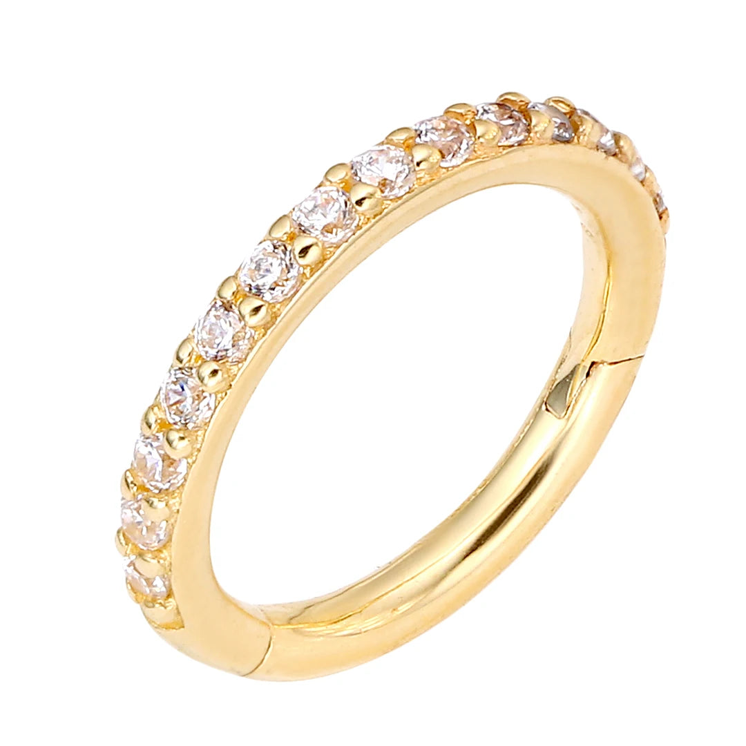 Eternal Metal Real 14K Solid Gold Side Half Paved CZ Hinged Segment Hoop Ring Nose & Cartilage Piercing Jewelry