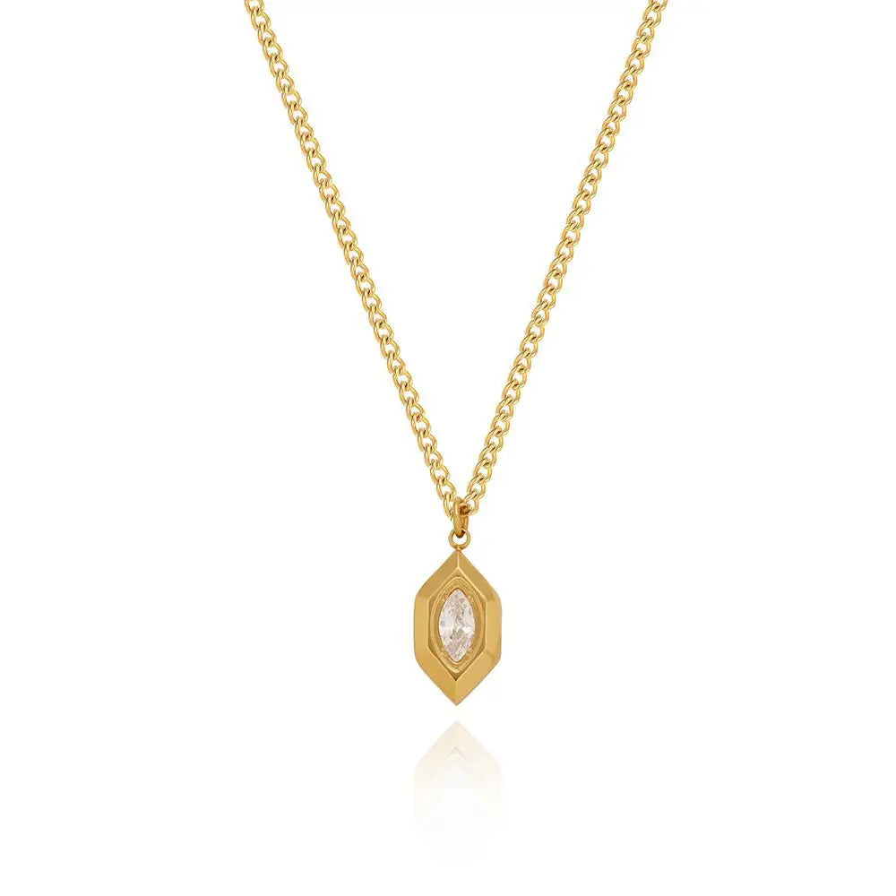 Fenny 18K Gold Plated Waterproof&No Fade Permanent Geometric Olive-shaped Zirconia Pendant Stainless Steel Necklace for Women