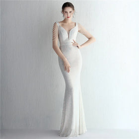 19265# New Bead Style Socialite Banquet Temperament V-neck Figure Long Dinner Dresses