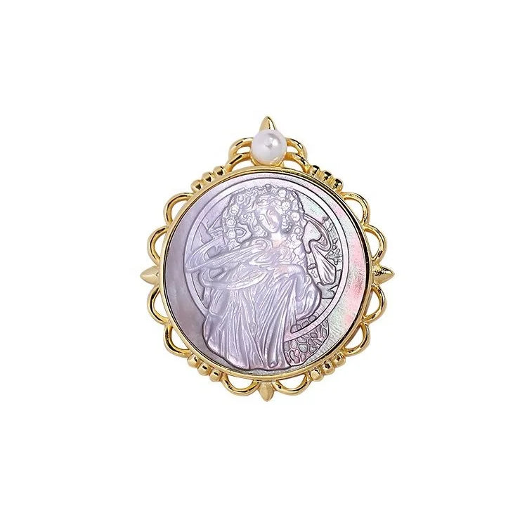 Heizun Factory's Artful Handcraft Mucha Girls Portrait Inspired 925 Silver Natural Shell Carved Cameo Pendant Necklace Weddings