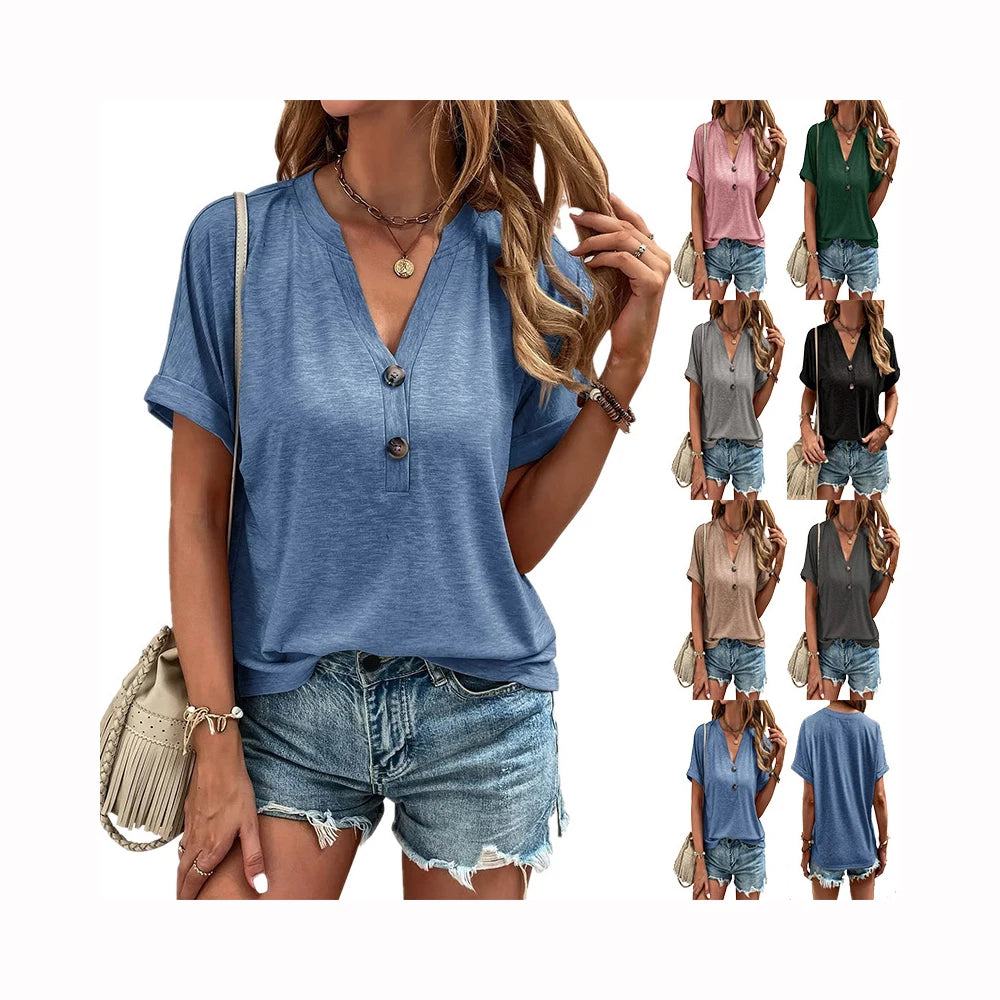 New Arrivals Women Clothes Solid Color Button Fashion Short Sleeve Shirt Womans Ladies Tops Blouses