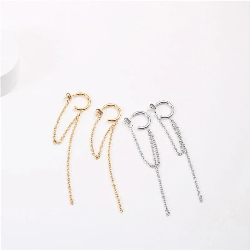 Fenny Waterproof Versatile Popular Chain Tassel Dangle C-shaped Hoop Earring No Fade Wholesale Stainless Steel Ladies Jewelry