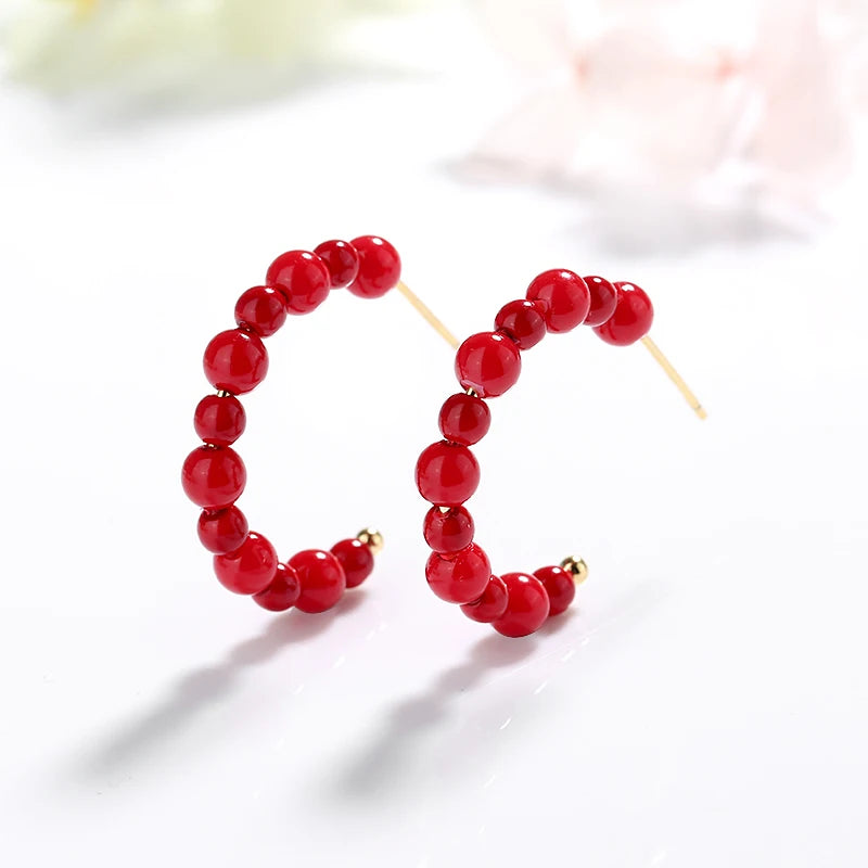 Fashion Korean Style Stud Earrings Charm C Shape Gold Plated 925 Silver Red Earrings for Women