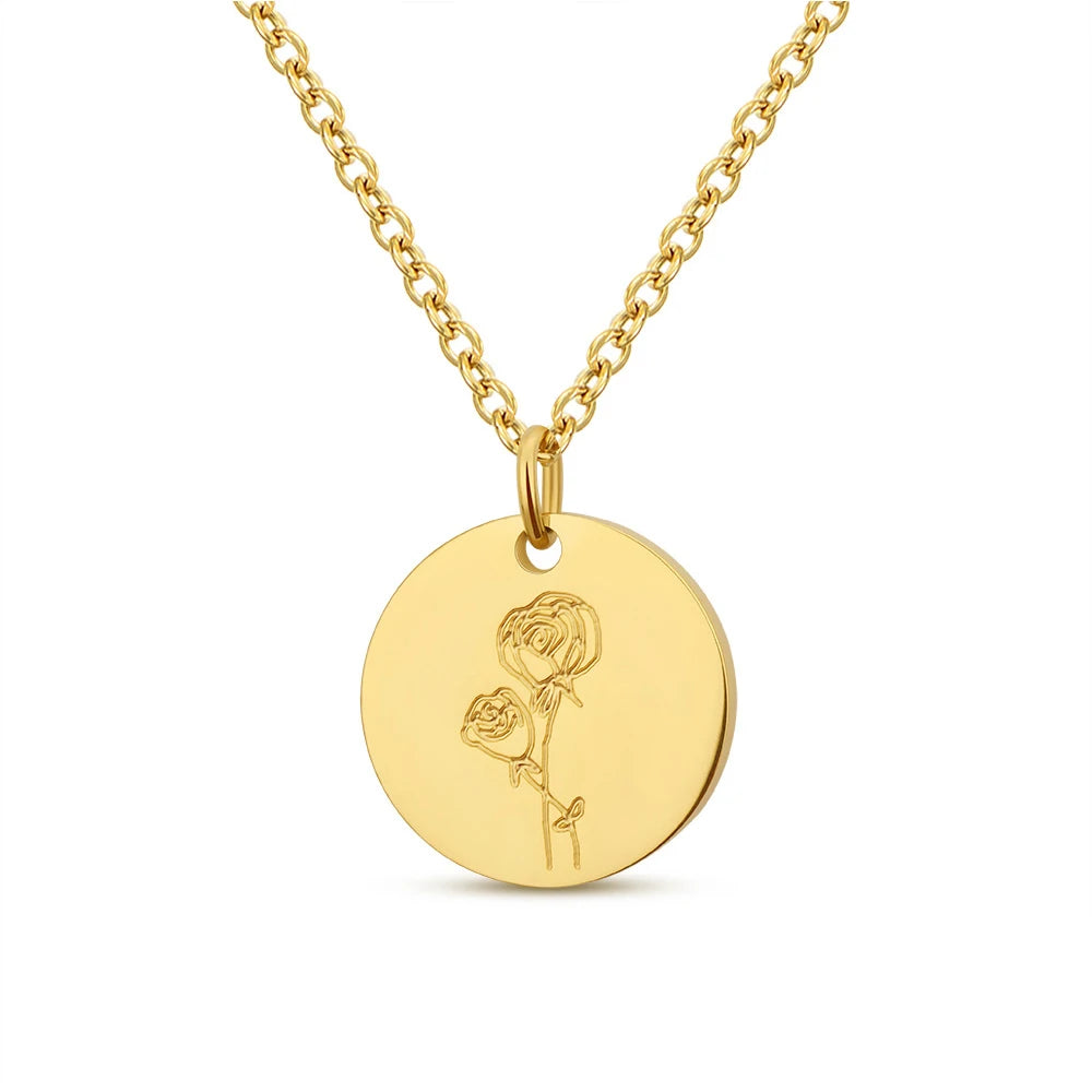 Valentine'S Day Women Tarnish Free Jewelry Stainless Steel Engraved Birth Month Flower Pendant Necklace