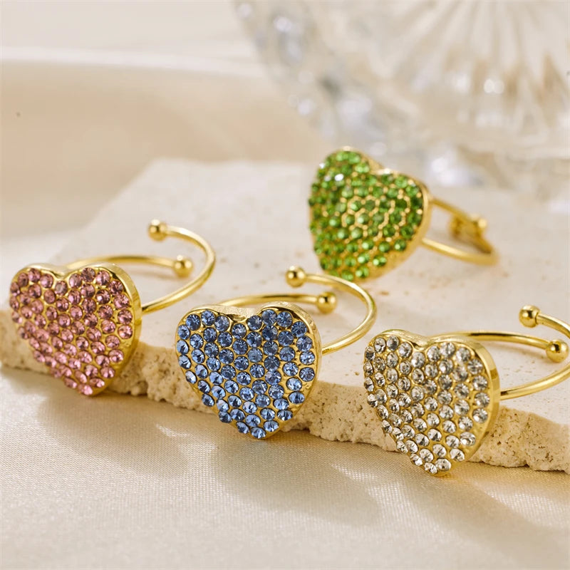 Gold Plated Gemstone Dainty Jewelry Bright Color Cubic Zircon Decorated Adjustable Heart Shaped Rings for Women