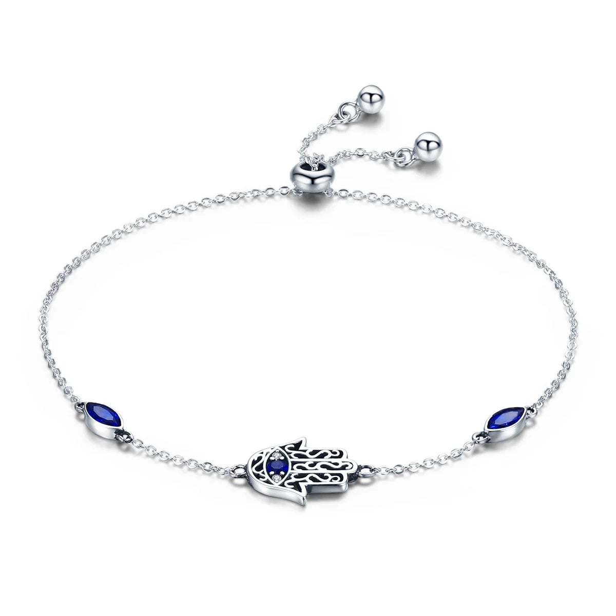 Hot Sale 100% 925 Sterling Silver Lucky Hamsa Fatima Hand Chain Link Bracelets for Women Blue CZ Silver Jewelry SCB076