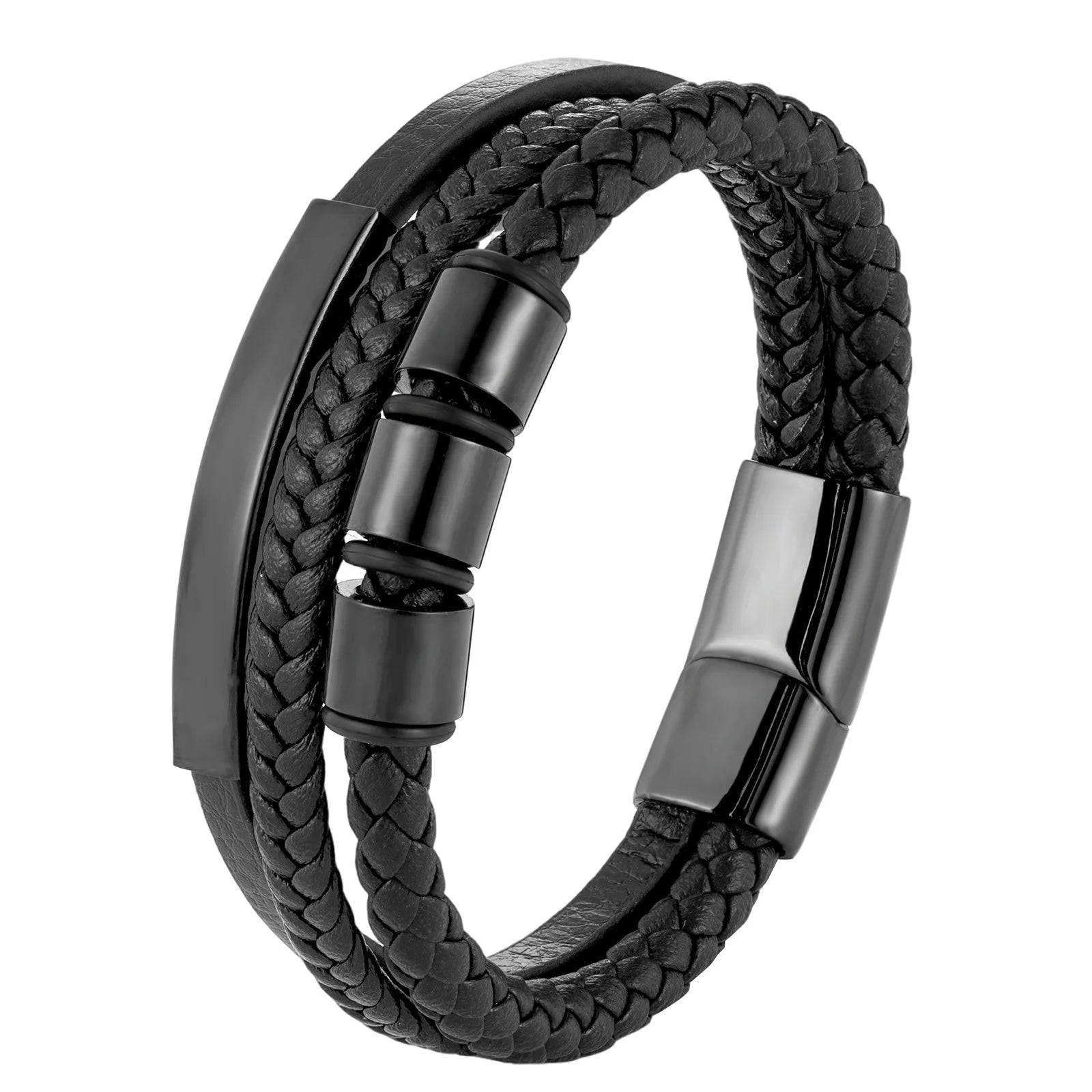 Punk Black Tube Leather Bracelet Men's Braided Genuine Leather Bracelet Jewelry With Stainless Steel Magnetic Closure OT-180