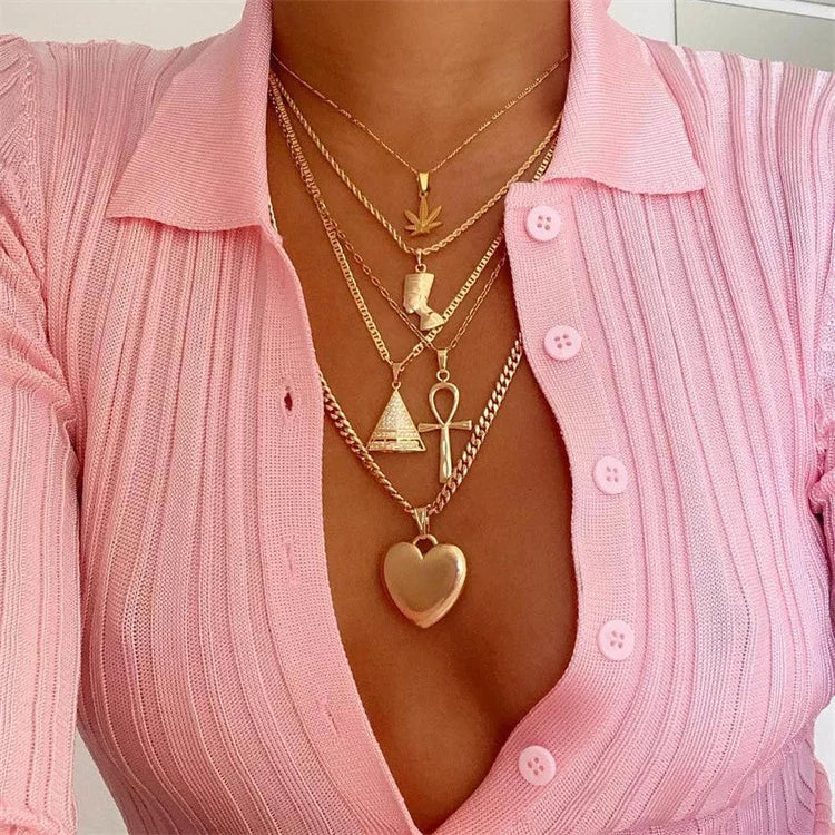 Hot Sale Women Maple Leaf Egypt Pharaoh Cleopatra Pyramid Chain Love Pendant Multi-layer Necklace