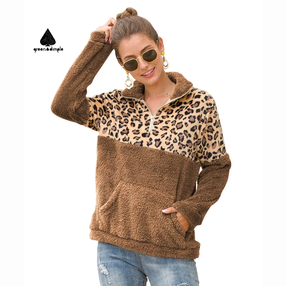 Custom Color Leopard Designer Winter Ladies Tops and Blouses Mock Neck Zipper Sweatshirt Women's Winter Fleece Jacket Coat