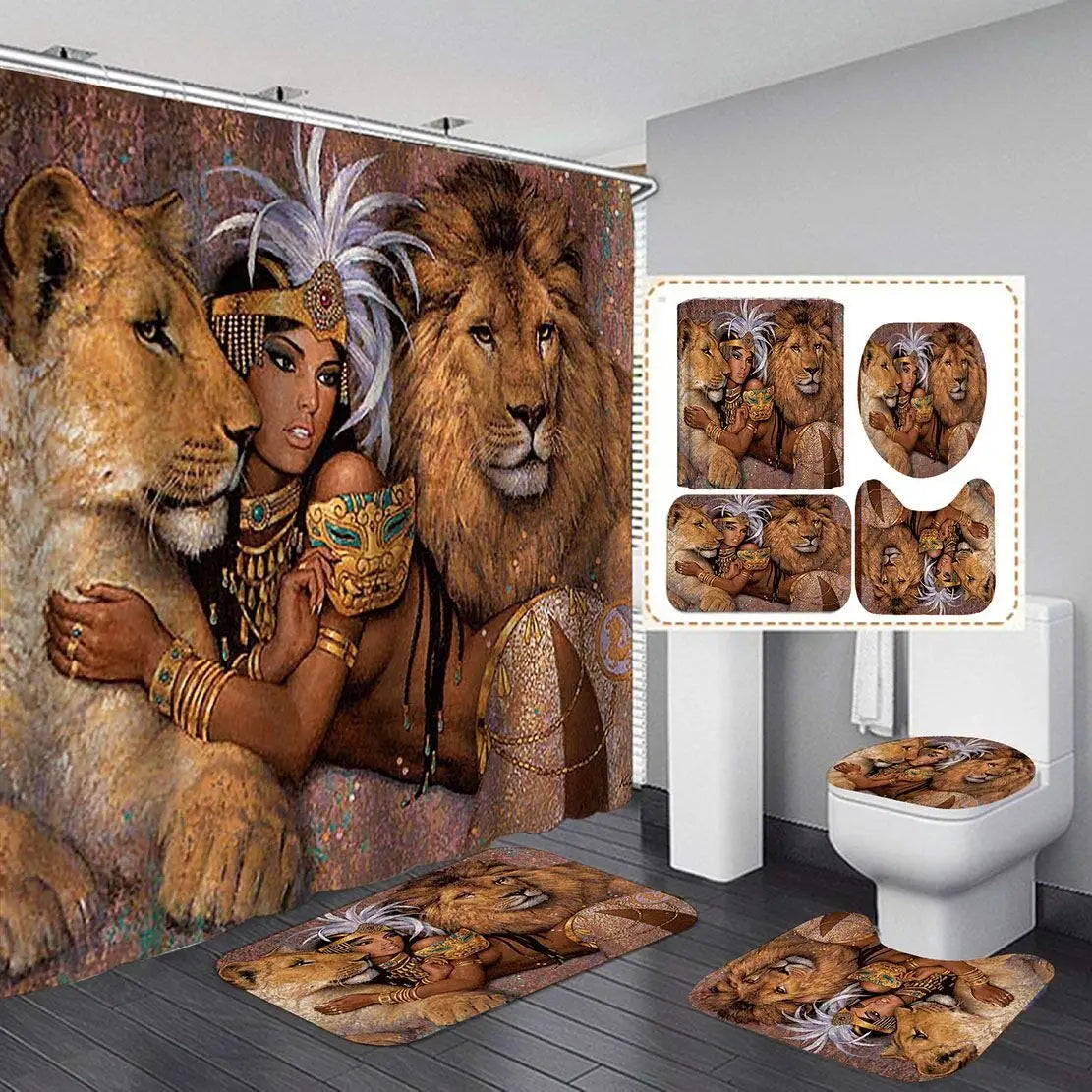 Hot Sale African Women 3D Digital Printing Style Bath Curtain 4 Pieces Waterproof Shower Curtain and Rug Set