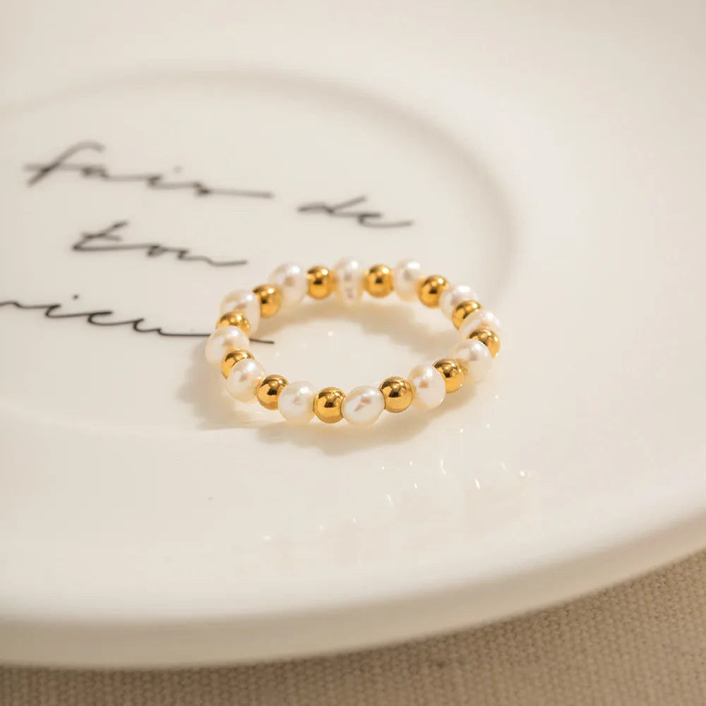 Hand Made 18K Stainless Steel Beads and Pearls Elastic Geometric Ring Fashion Jewelry Rings for Women
