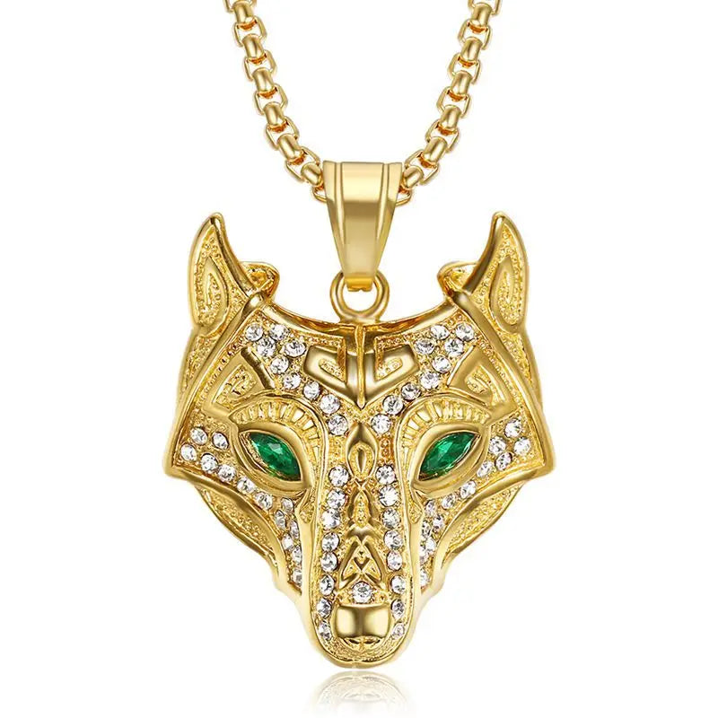 CZ Diamond Stone Stainless Steel Men 18k Gold Plated Jewelry Viking Rune Wolf Head Pendant Necklace