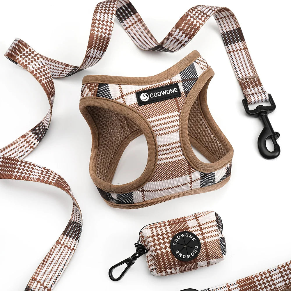 Custom LOGO Pet Chest Strap Plaid Step in Harness Breathable Dog Harness Vest and Dog Leash Set Designer Walking Pet Harness Set