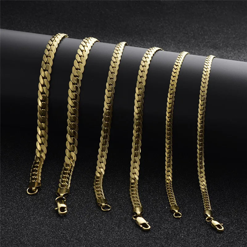 Wholesale D Buckle Stainless Steel Flattened Nk Necklace Titanium Steel Embossed Golden Chain Jewelry