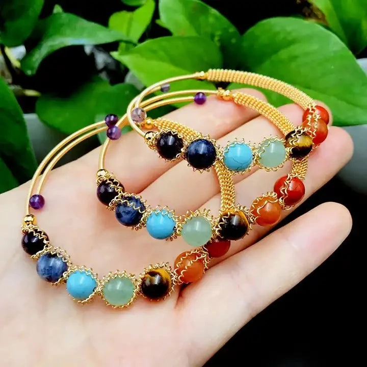 CSJA Wholesale Gold Plated Wire Wrap Natural 7 Chakra Gemstone Quartz Crystal Cuff Bracelet Healing Natural Stone Jewelry G671