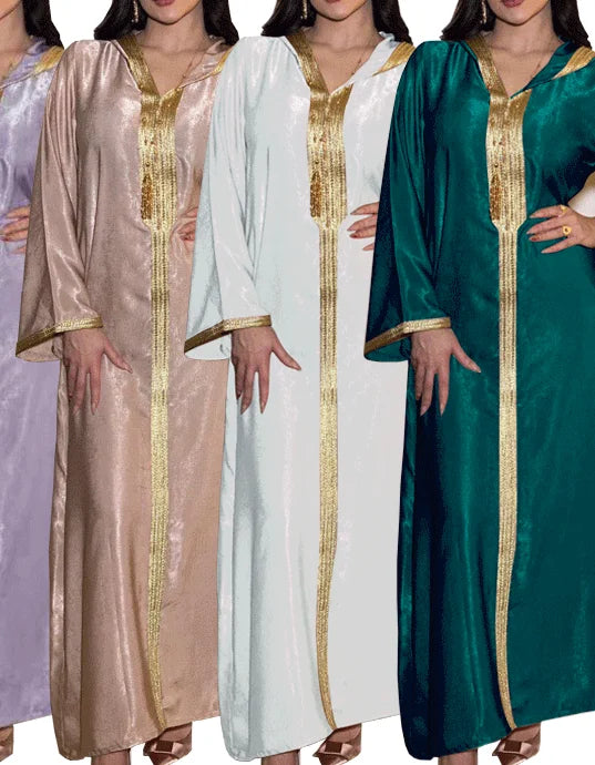 S-2XL Middle East Dubai Champagne Hooded Lace Velvet Robe Long Sleeved V-neck Embroidered Muslim Robe