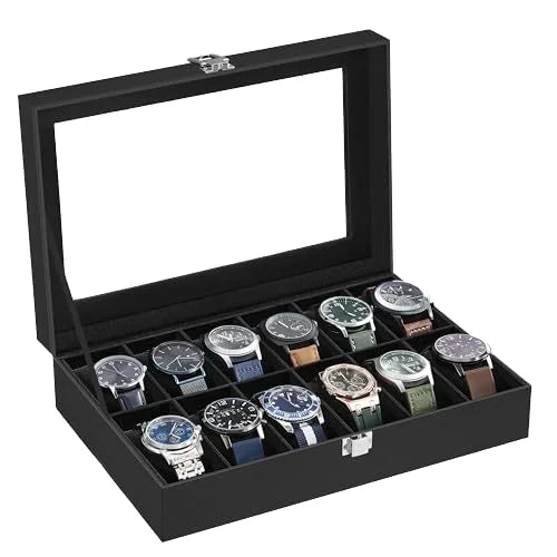 Durable 12-Slot PU Leather Watch Box with Velvet Lining and Metal Lock Black 12 Grids Watch Case Packaging