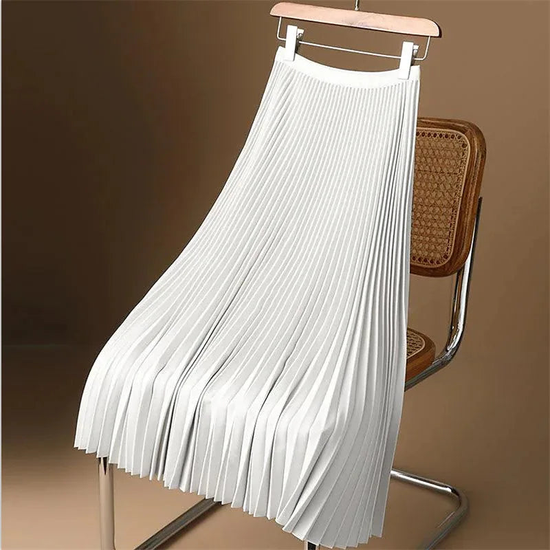 M-4XL Plus Size Length Dropshipping Summer Women's Midi Pleated Skirts Satin Elastic High Waist Plain Skirt Korean A-line Skirt