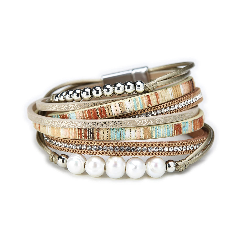 Leather Wrap Bracelet for Women Handmade Clasp Bangle Bracelet with Pearl Beads Crystal Wristbands Jewelry Gift for Ladies