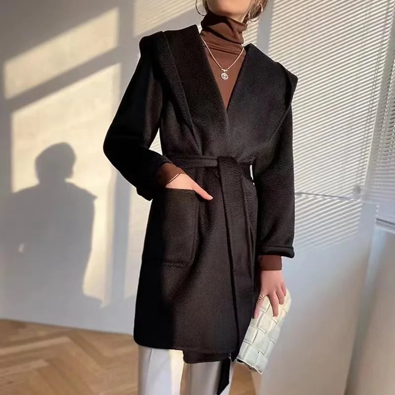 New Fashion Belt Long Real Cashmere Wool Coats Women With Hooded