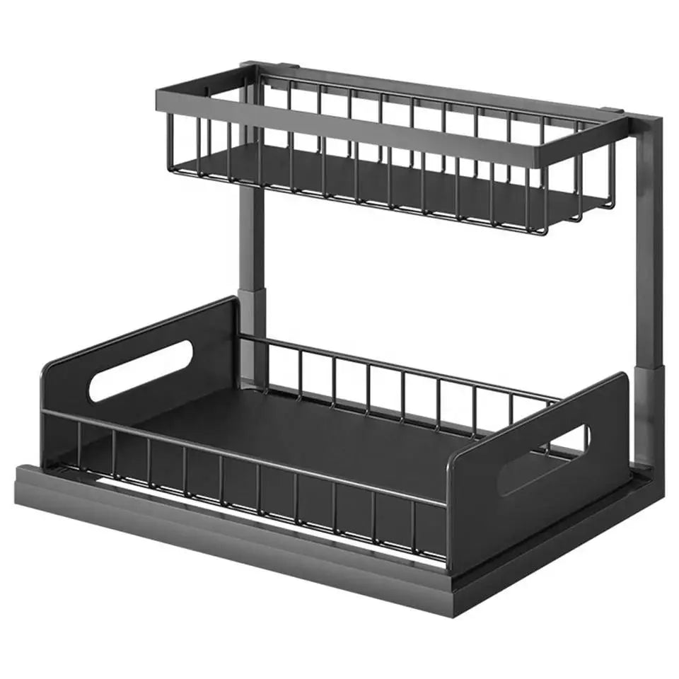 Multipurpose 2 Tier Dish Rack Bathroom Kitchen Storage Rack Cabinet Hanging Wire Basket Slide Out Metal Under Sink Organizer
