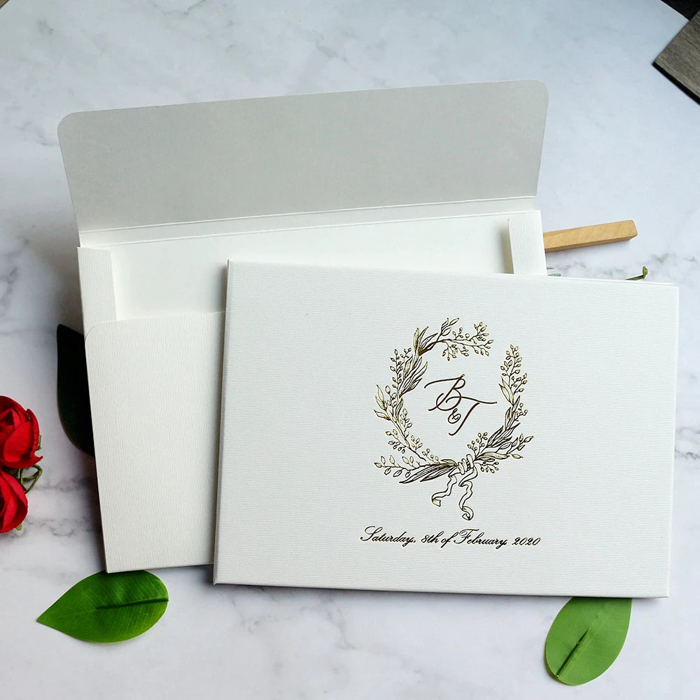 Booklet Design Uncoated Paper Wedding Invitation Invitations Template Invite with Elegant Foil Embossing Initial