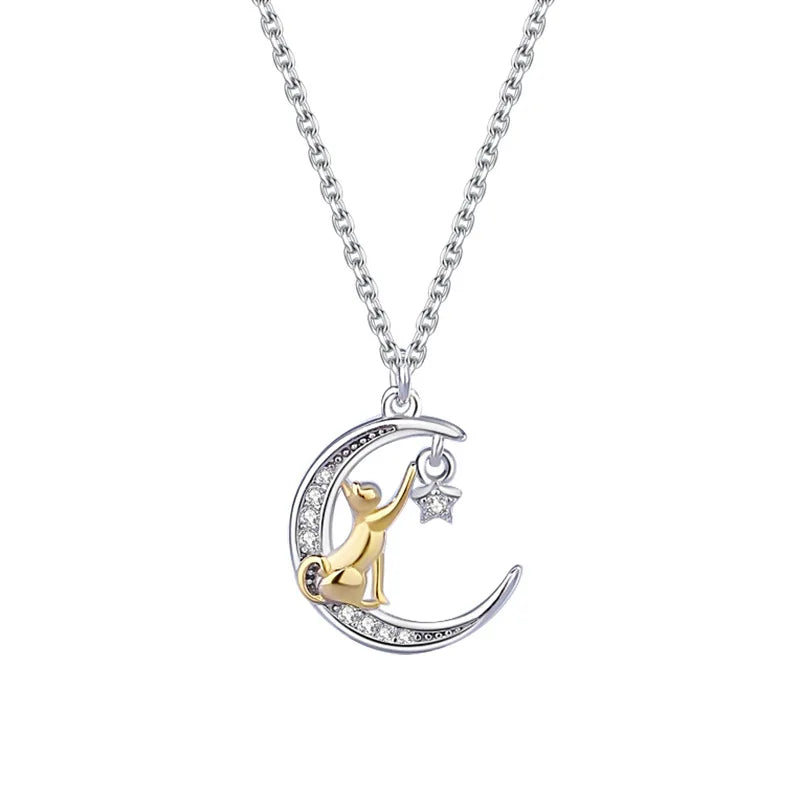 Daidan Necklace Jewelry Cat Animal Necklace Pendant 925 Sterling Silver Cubic Zirconia Two Tone Star and Moon Necklace