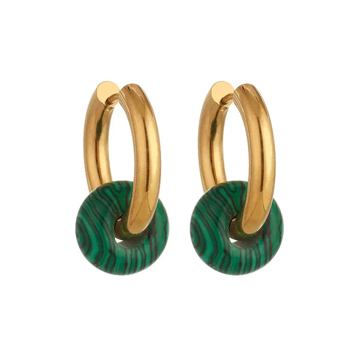Vintage Jewelry Tarnish Free Malachite Doughnut Thick Green Transfer Bead Stainless Steel Earrings