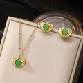 Fashion Stainless Steel Gold Plated Green Heart Earrings Necklace Jewelry Set for Women Jewelry