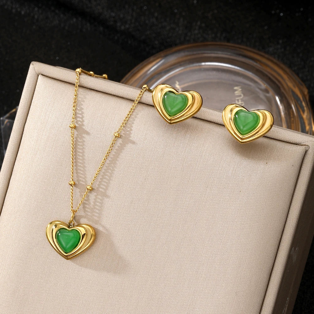 Fashion Stainless Steel Gold Plated Green Heart Earrings Necklace Jewelry Set for Women Jewelry