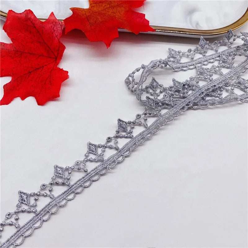 Water Soluble Embroidery Lace Trim Silver Metallic Thread for Children's Dresses Shoes Bags for Party Made Mesh Fabric Accessory