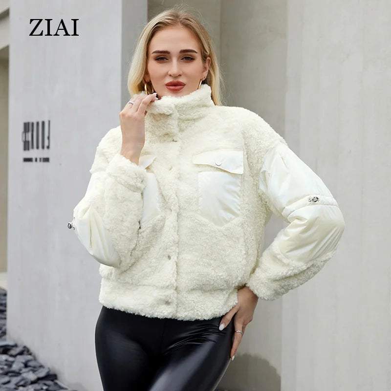 Wholesale Winter Jacket Warm and Fashionable Short Jacket Sheep Shearing Polyester Fiber Splicing Jacket