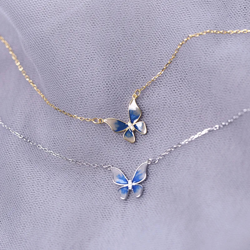 925 Sterling Silver Gradient Blue Enamel Butterfly Pendant Dainty Clavicle Necklace for Women Daily Wear Silver Necklace Gift