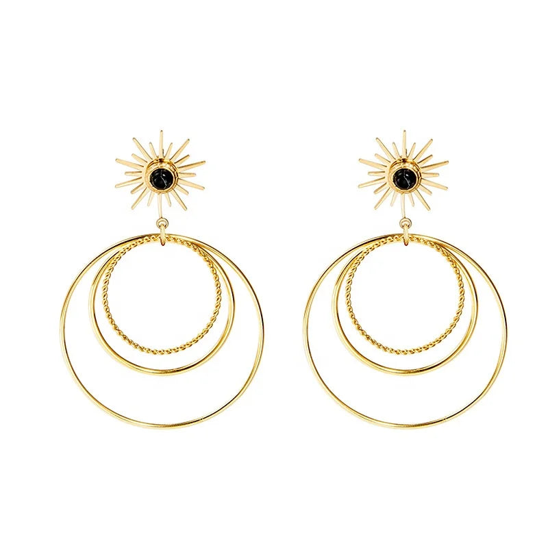 Personality New Design Classic Geometric Stainless Steel Natural Stone Gold Plated Round Woman Luxury Drop Earrings