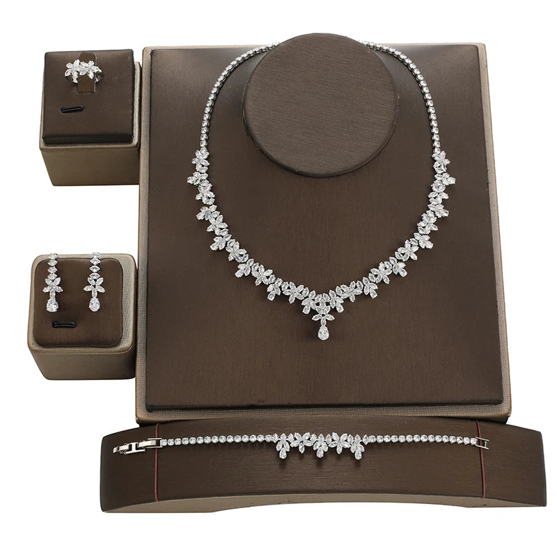 4pcs Flower Drop Cubic Zircon Dubai Woman Party Costume Jewelry Sets for Brides Wedding Luxury Crystal Necklace Set BN8804