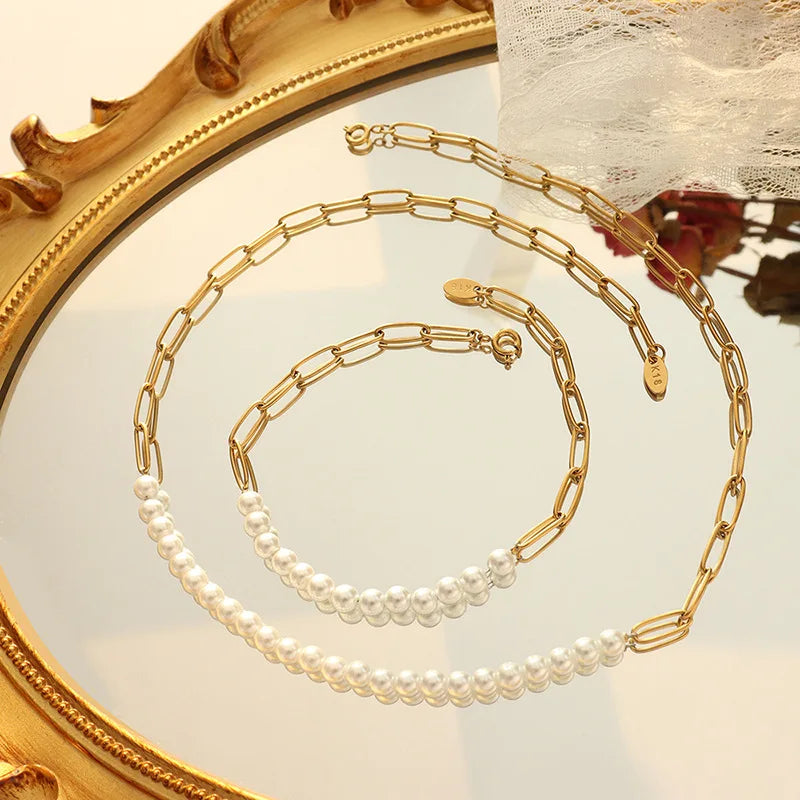 Waterproof Hypoallergenic Jewelry 18K Gold PVD Plated Stainless Steel Pearl Bracelet Necklace Jewelry Set for Women
