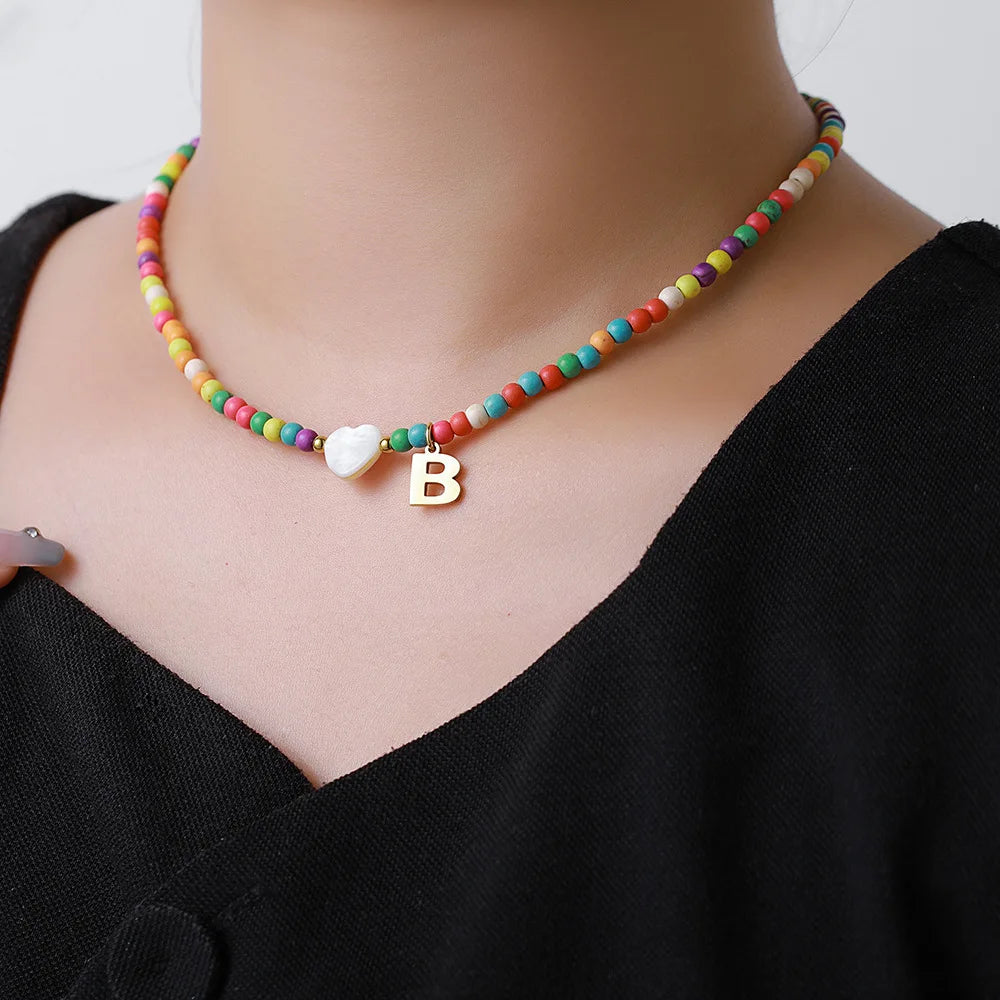 Gold Plated Initial Women's Trendy Beaded Choker Necklace Handmade Letter Design Jewelry for Party Occasions and Gifts