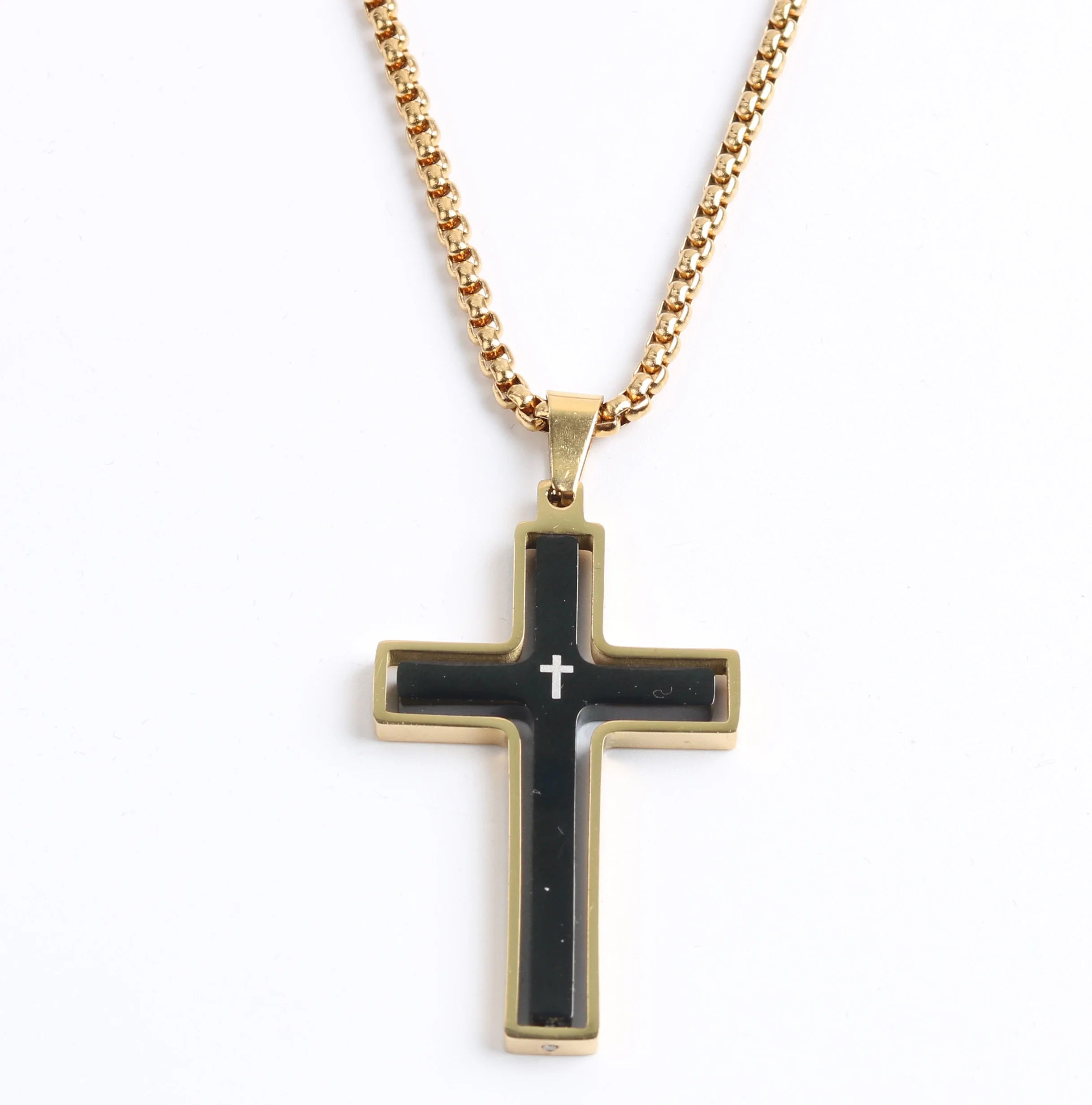 New Double Rotated Pectoral Cross Necklace Stainless Steel Religious Jewelry Hip Hop Punk 18K Gold Plated Chain