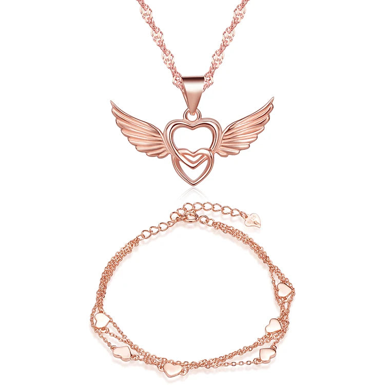 Pure 925 Silver Heart Jewelry Sets Rose Gold Bracelet Necklace Set for Wedding Engagement Anniversary Stylish Trendy Zircon Gift